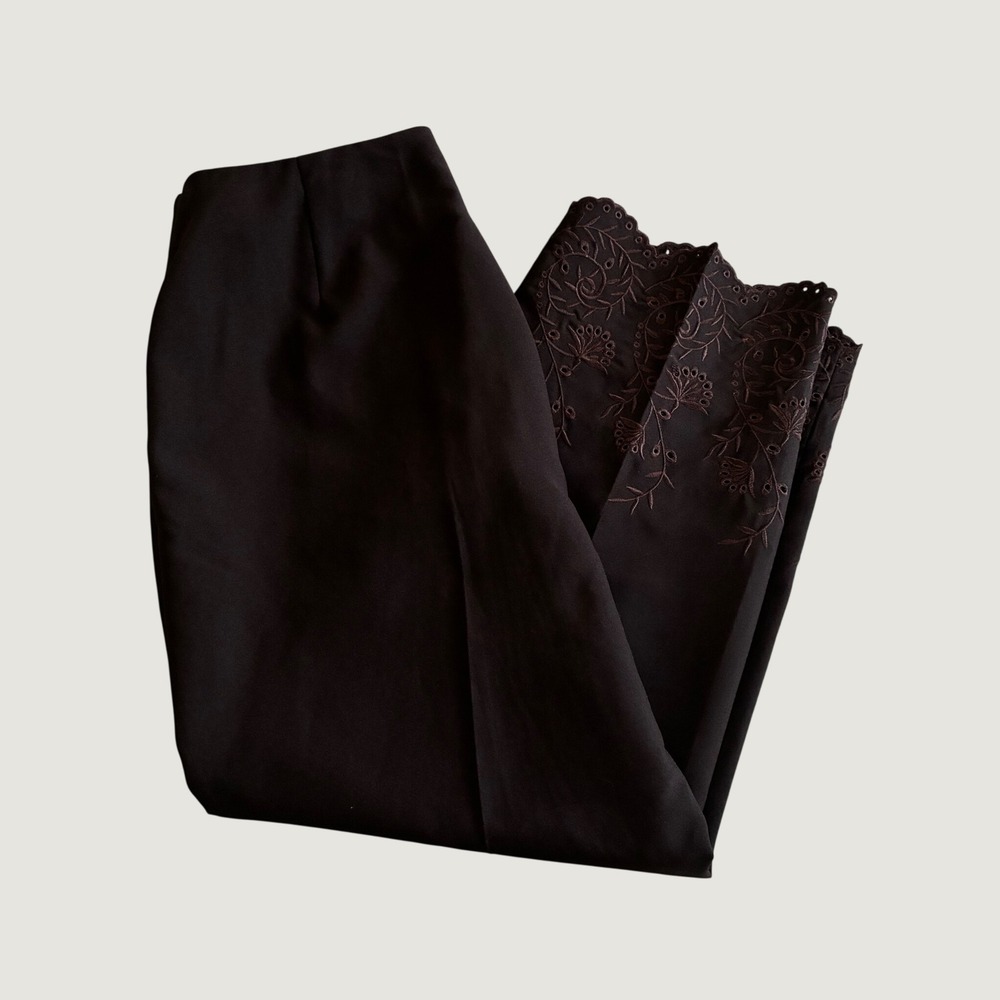 Larry Levine Fall Grunge Stretch Brown Embroidered Scallop Hem Dress Pants 12